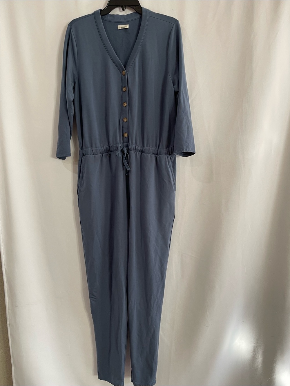 Garnet Hill Traverse Knit Jumpsuit blue 3/4 sleeve women’s large loungewear